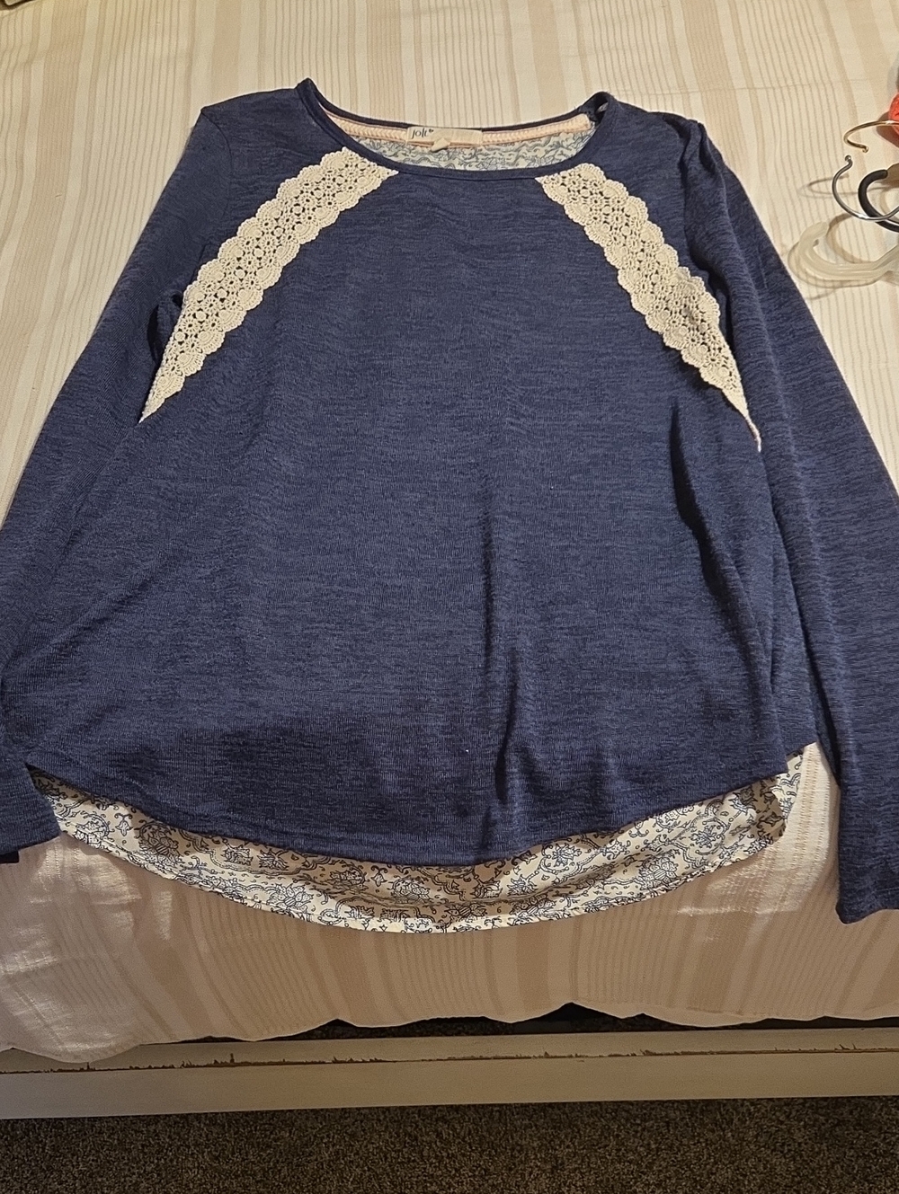 Jolt Navy Long Sleeve Top with Cream Lace Accents
